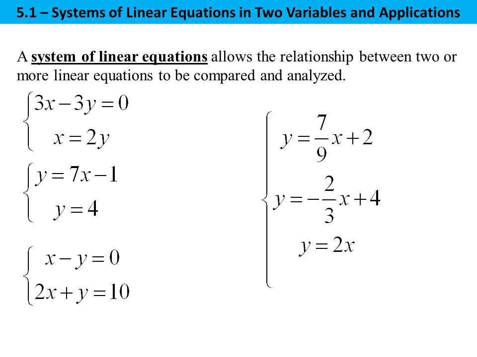 A system of linear equations allows the relationship between two or more linear equations to be compared and analyzed.