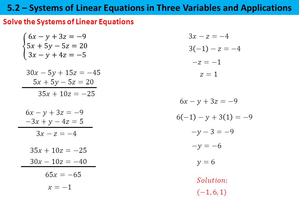 5.2 – Systems of Linear Equations in Three Variables and Applications Solve the Systems of Linear Equations