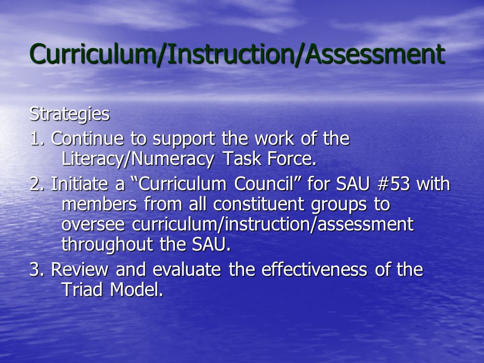 Curriculum/Instruction/Assessment Goal: During the school year, the Superintendent and Assistant Superintendent will promote and participate in curriculum activities that foster collegiality and focus on alignment of curriculum throughout SAU #53.