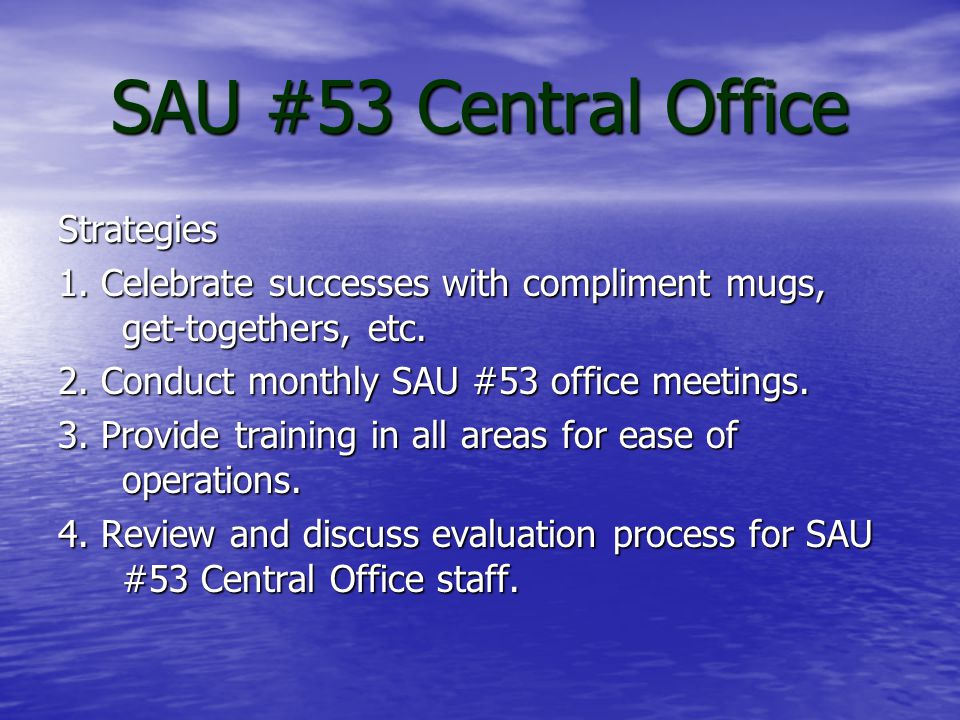 Goal: The SAU #53 Central Office staff will promote and exhibit a positive, collegial, and professional work environment.