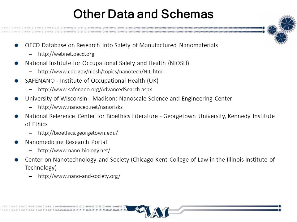 Other Data and Schemas OECD Database on Research into Safety of Manufactured Nanomaterials –   National Institute for Occupational Safety and Health (NIOSH) –   SAFENANO - Institute of Occupational Health (UK) –   University of Wisconsin - Madison: Nanoscale Science and Engineering Center –   National Reference Center for Bioethics Literature - Georgetown University, Kennedy Institute of Ethics –   Nanomedicine Research Portal –   Center on Nanotechnology and Society (Chicago-Kent College of Law in the Illinois Institute of Technology) –