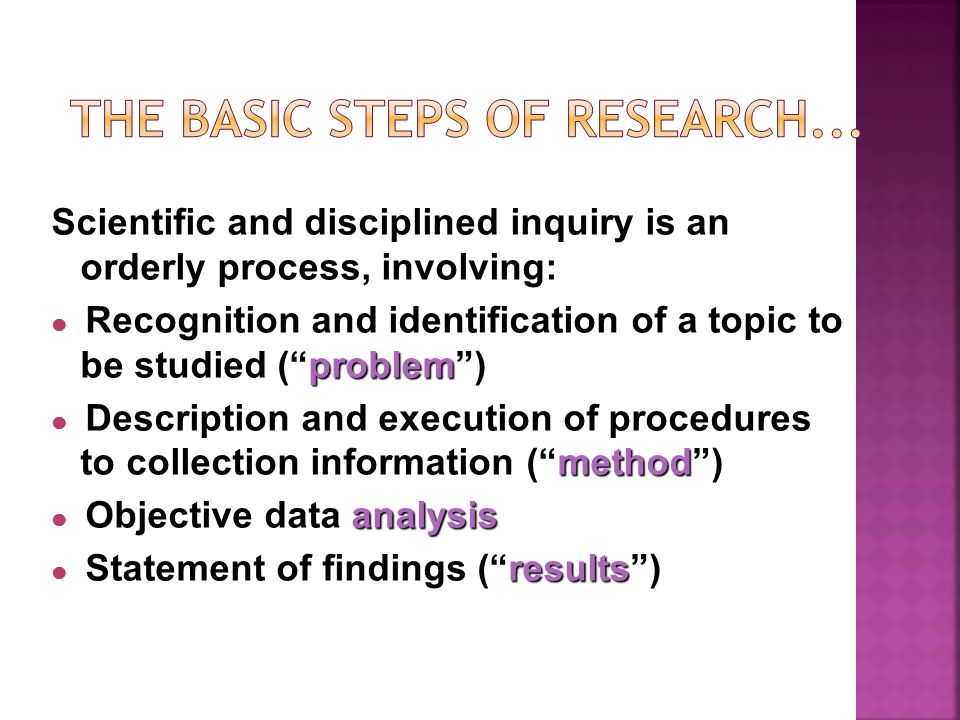 Scientific and disciplined inquiry is an orderly process, involving: problem Recognition and identification of a topic to be studied ( problem ) method Description and execution of procedures to collection information ( method ) analysis Objective data analysis results Statement of findings ( results )