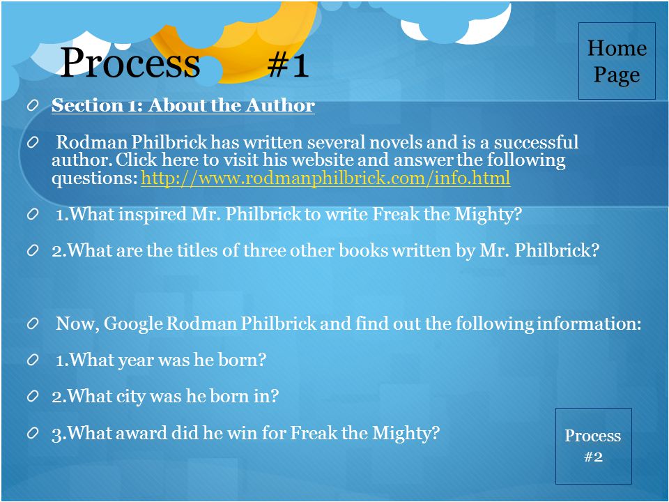 Process #1 Section 1: About the Author Rodman Philbrick has written several novels and is a successful author.
