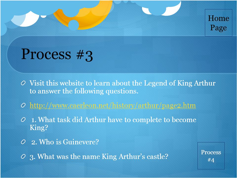 Process #3 Visit this website to learn about the Legend of King Arthur to answer the following questions.