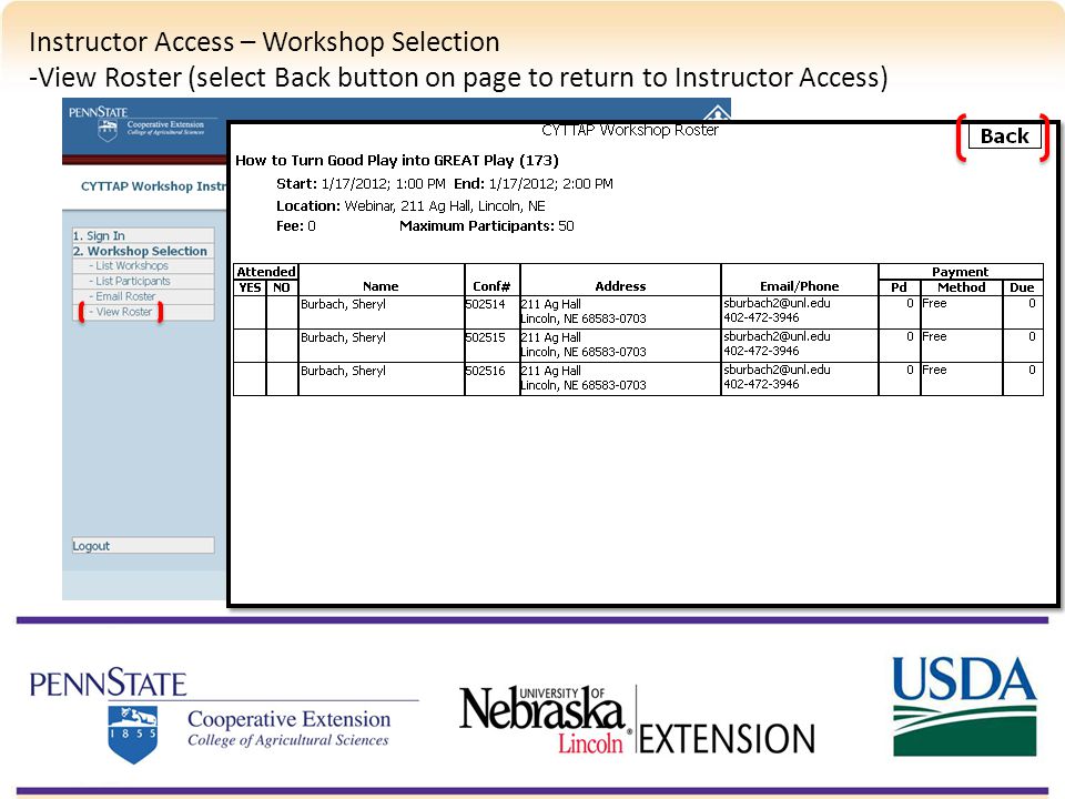 Instructor Access – Workshop Selection -View Roster (select Back button on page to return to Instructor Access)