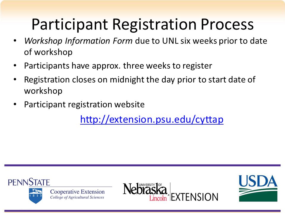 Participant Registration Process Workshop Information Form due to UNL six weeks prior to date of workshop Participants have approx.
