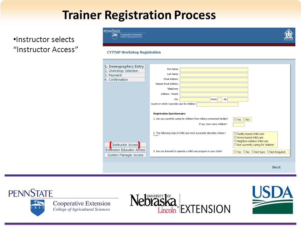 Instructor selects Instructor Access Trainer Registration Process