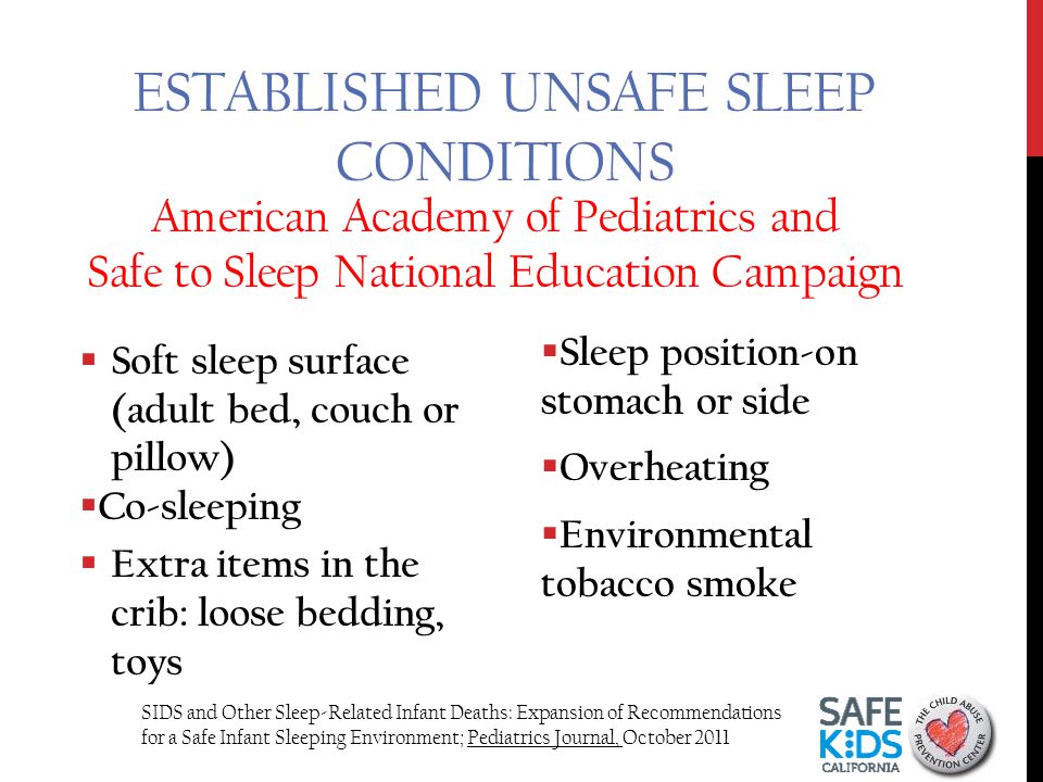 ESTABLISHED UNSAFE SLEEP CONDITIONS  Sleep position-on stomach or side  Overheating  Environmental tobacco smoke  Soft sleep surface (adult bed, couch or pillow)  Co-sleeping  Extra items in the crib: loose bedding, toys 4 SIDS and Other Sleep-Related Infant Deaths: Expansion of Recommendations for a Safe Infant Sleeping Environment; Pediatrics Journal, October 2011 American Academy of Pediatrics and Safe to Sleep National Education Campaign