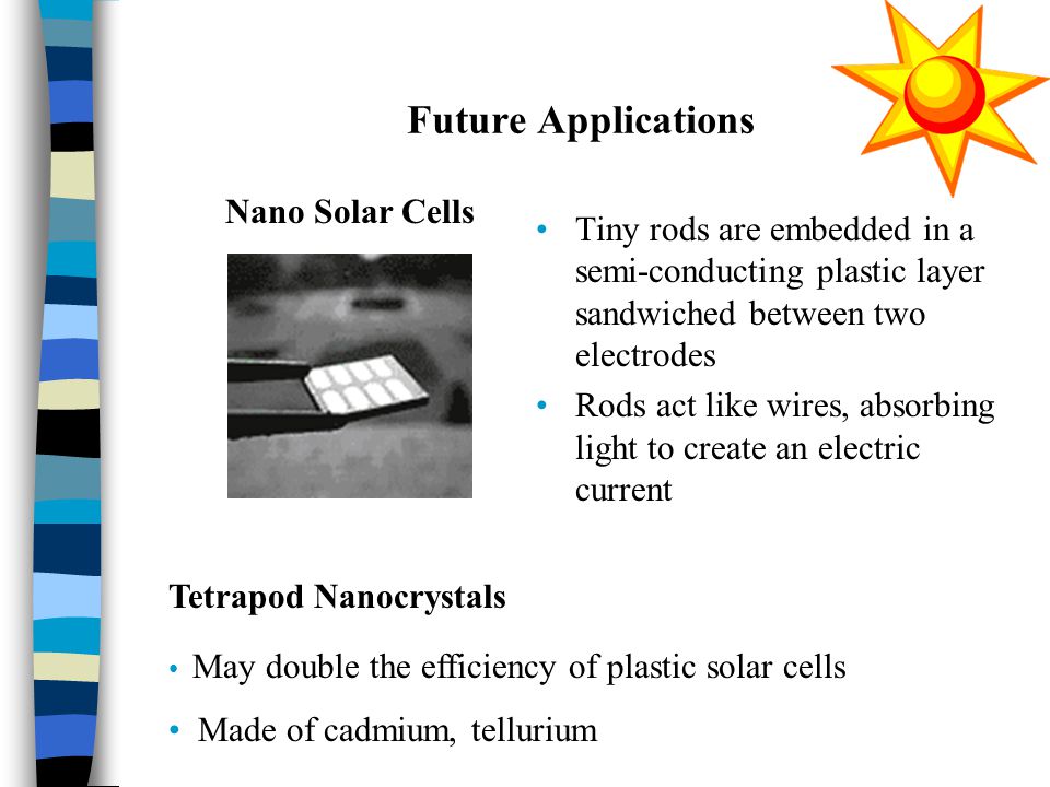 Future Applications Tiny rods are embedded in a semi-conducting plastic layer sandwiched between two electrodes Rods act like wires, absorbing light to create an electric current Nano Solar Cells Tetrapod Nanocrystals May double the efficiency of plastic solar cells Made of cadmium, tellurium