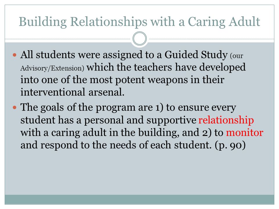 Building Relationships with a Caring Adult All students were assigned to a Guided Study (our Advisory/Extension) which the teachers have developed into one of the most potent weapons in their interventional arsenal.