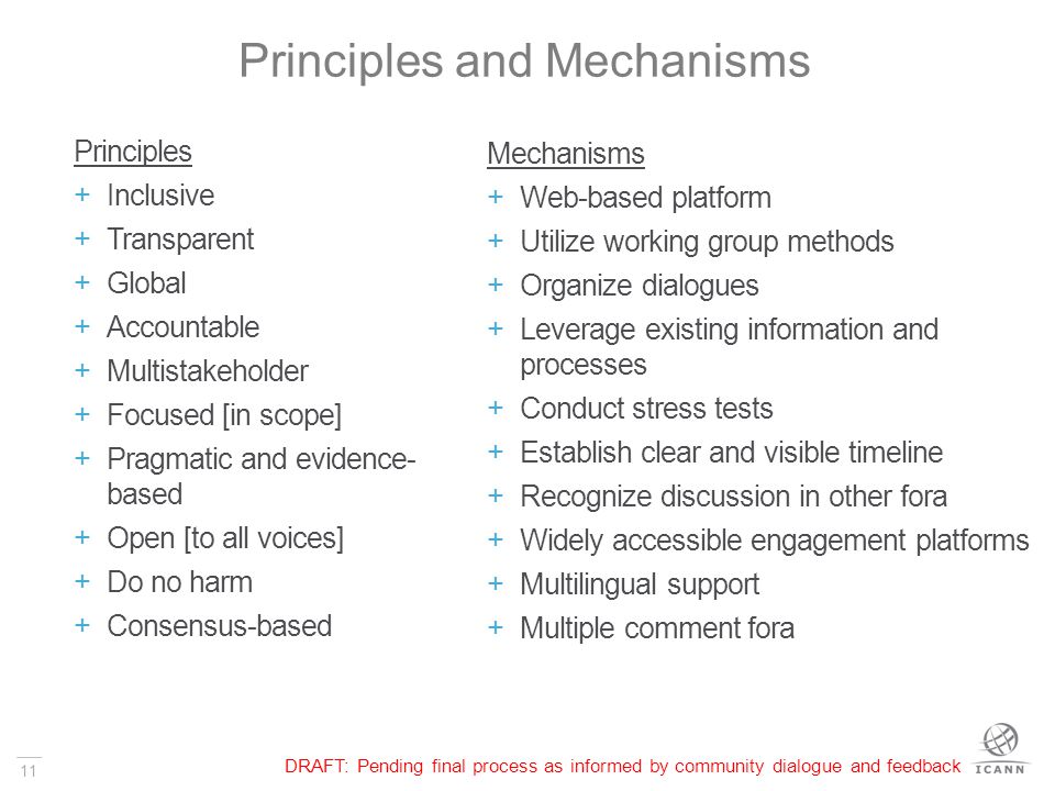 11 Principles and Mechanisms Principles  Inclusive  Transparent  Global  Accountable  Multistakeholder  Focused [in scope]  Pragmatic and evidence- based  Open [to all voices]  Do no harm  Consensus-based Mechanisms  Web-based platform  Utilize working group methods  Organize dialogues  Leverage existing information and processes  Conduct stress tests  Establish clear and visible timeline  Recognize discussion in other fora  Widely accessible engagement platforms  Multilingual support  Multiple comment fora DRAFT: Pending final process as informed by community dialogue and feedback
