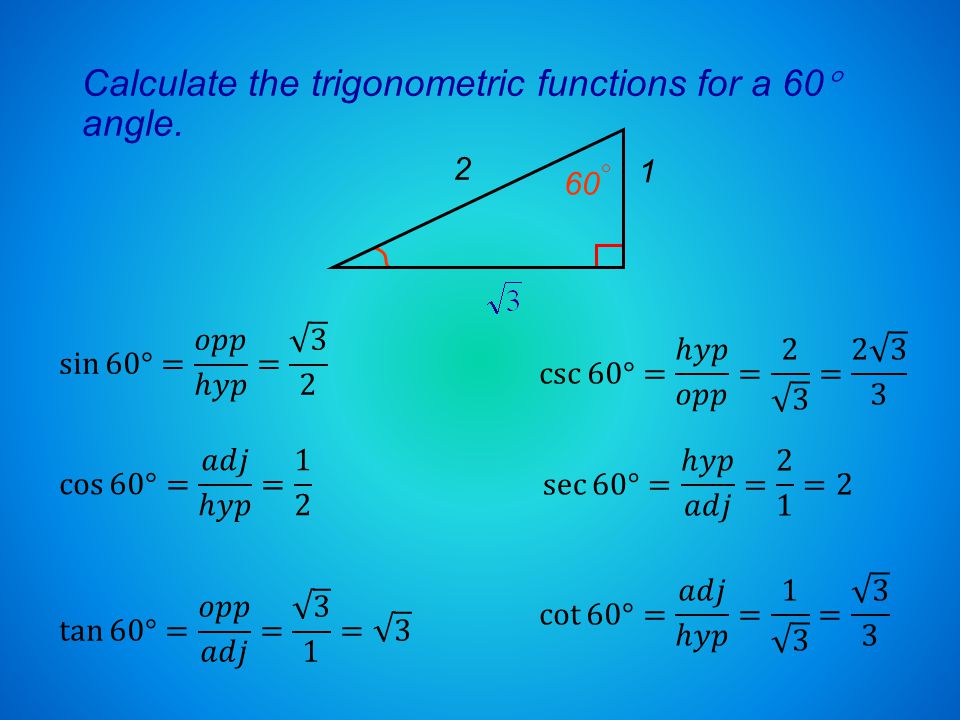 Calculate the trigonometric functions for a 60  angle