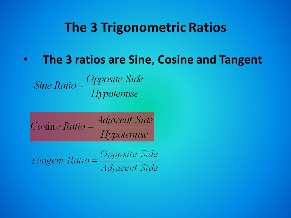 The 3 Trigonometric Ratios The 3 ratios are Sine, Cosine and Tangent