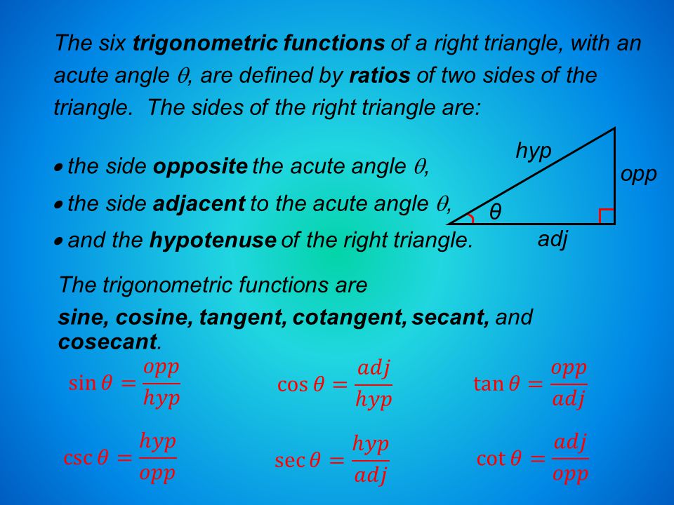 The six trigonometric functions of a right triangle, with an acute angle , are defined by ratios of two sides of the triangle.
