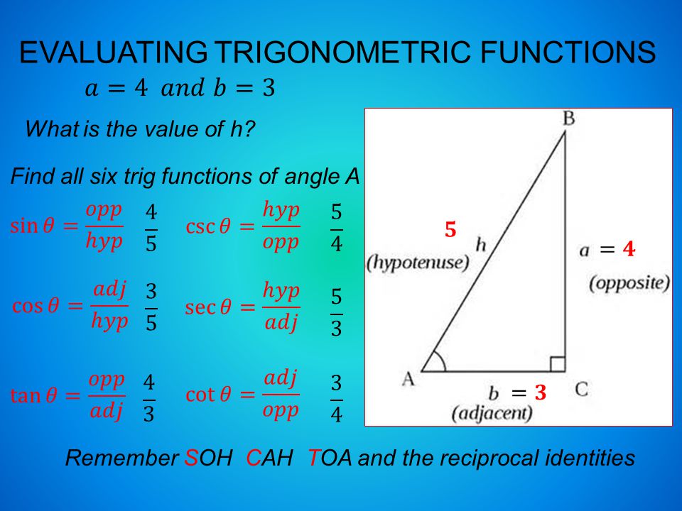 EVALUATING TRIGONOMETRIC FUNCTIONS Find all six trig functions of angle A Remember SOH CAH TOA and the reciprocal identities What is the value of h
