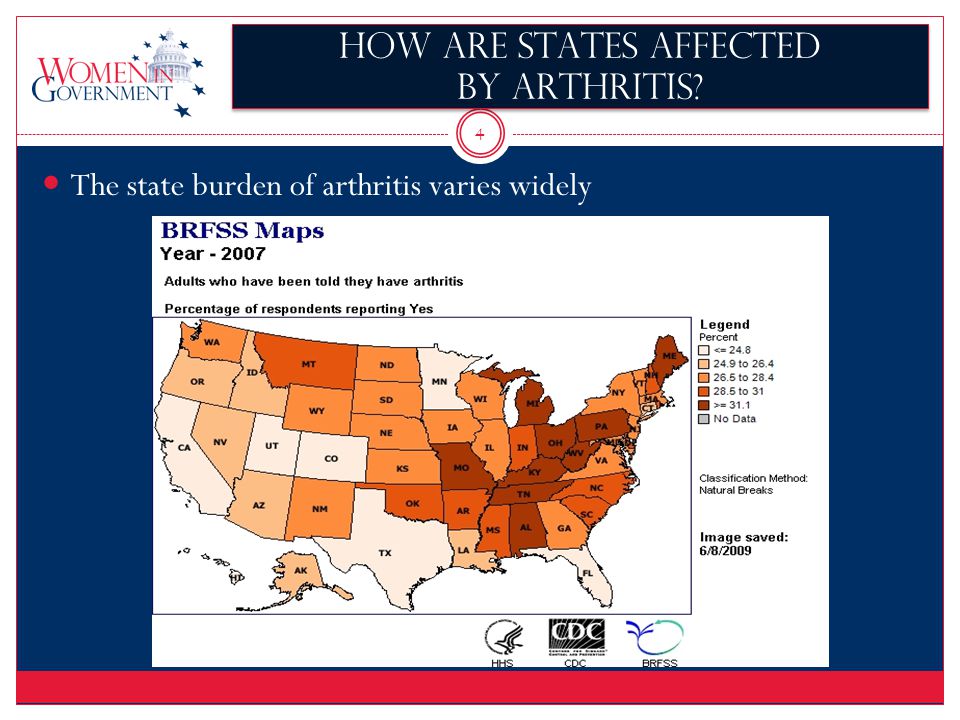 4 How are states affected by Arthritis The state burden of arthritis varies widely