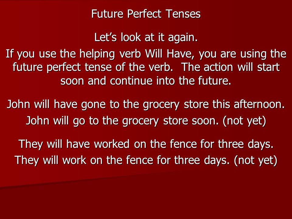 Future Perfect Tenses Let’s look at it again.