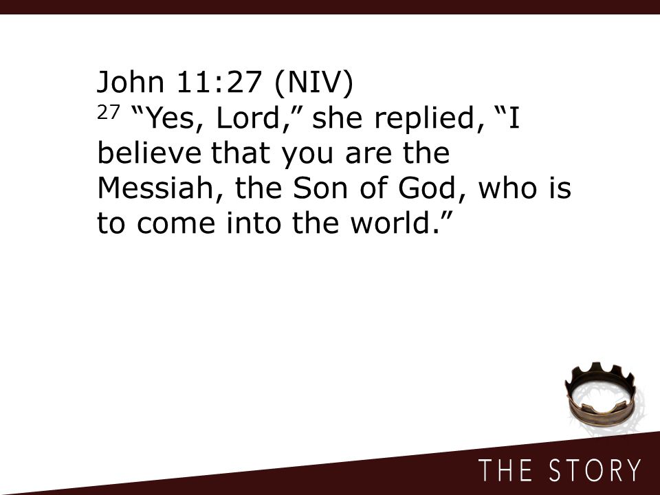 John 11:27 (NIV) 27 Yes, Lord, she replied, I believe that you are the Messiah, the Son of God, who is to come into the world.