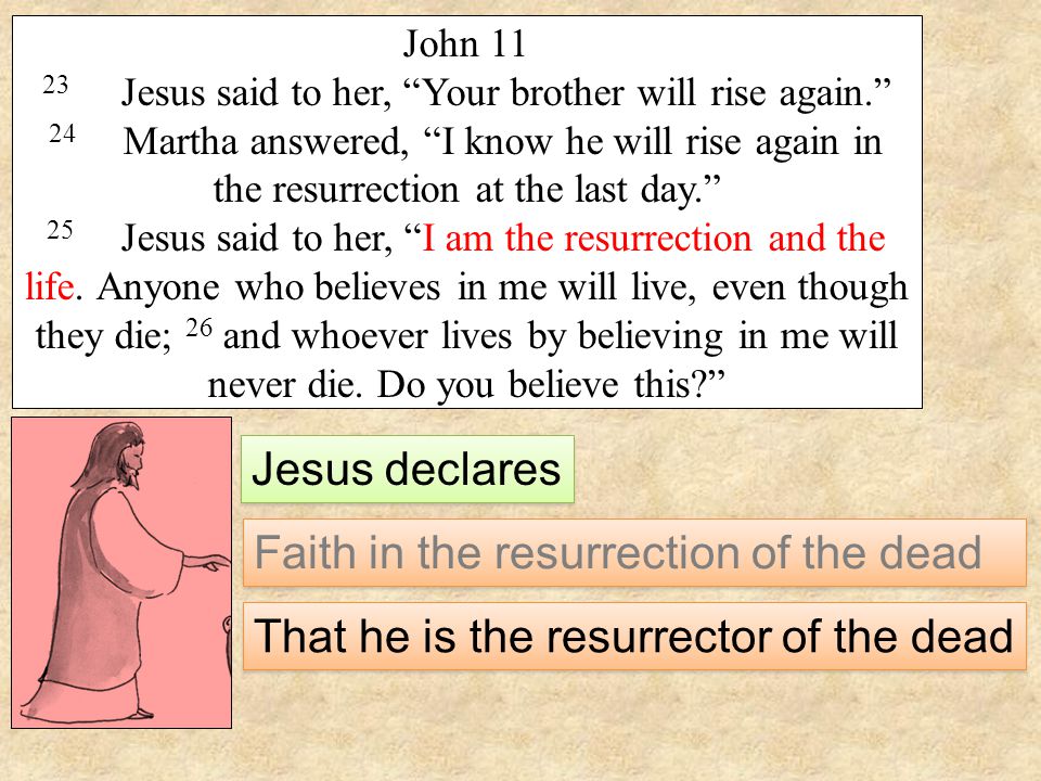John Jesus said to her, Your brother will rise again. 24 Martha answered, I know he will rise again in the resurrection at the last day. 25 Jesus said to her, I am the resurrection and the life.