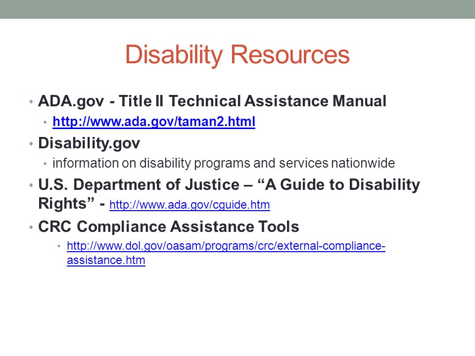 Disability Resources ADA.gov - Title II Technical Assistance Manual   Disability.gov information on disability programs and services nationwide U.S.