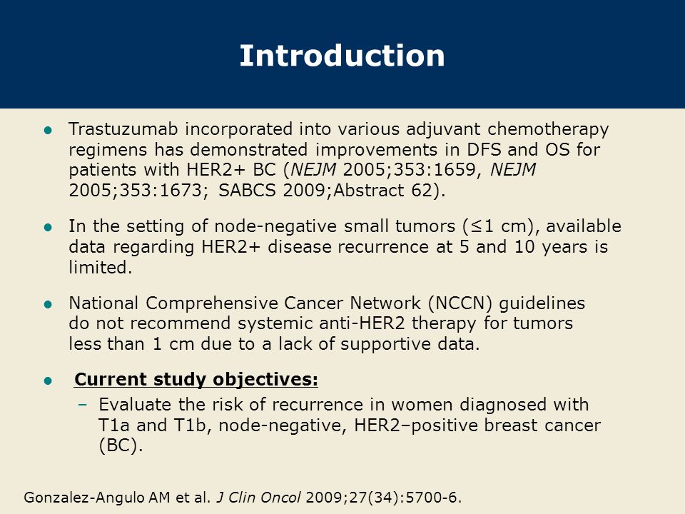 Introduction Trastuzumab incorporated into various adjuvant chemotherapy regimens has demonstrated improvements in DFS and OS for patients with HER2+ BC (NEJM 2005;353:1659, NEJM 2005;353:1673; SABCS 2009;Abstract 62).