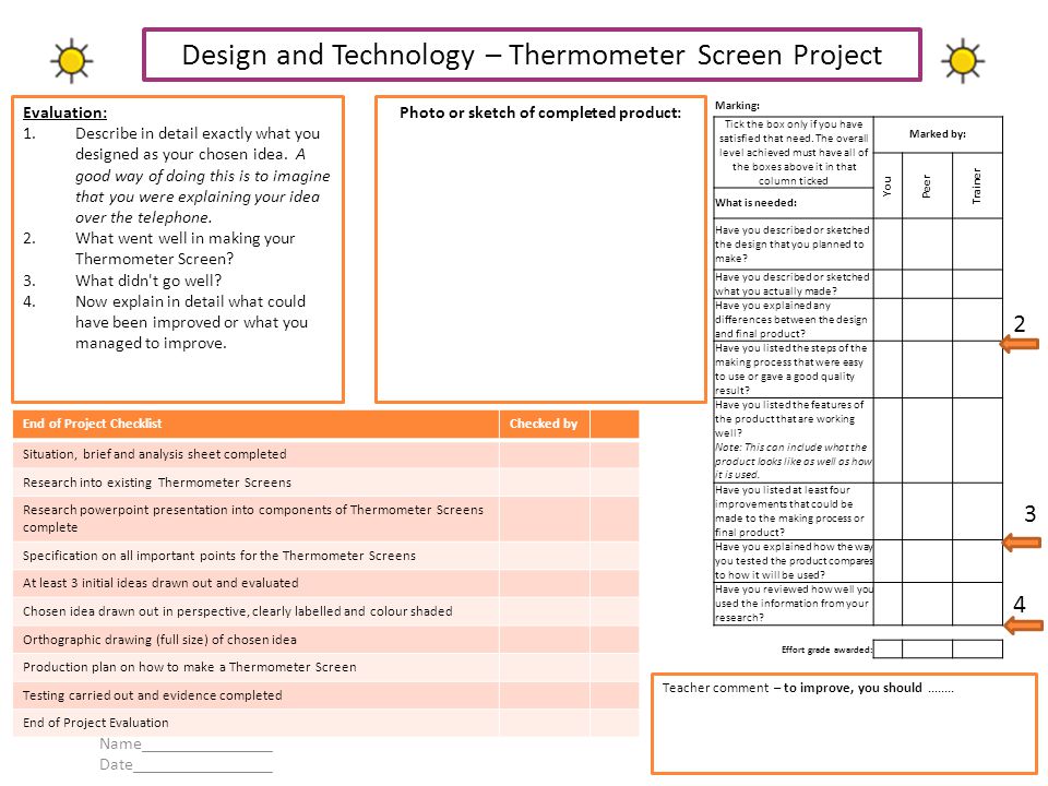Name_______________ Date________________ End of Project ChecklistChecked by Situation, brief and analysis sheet completed Research into existing Thermometer Screens Research powerpoint presentation into components of Thermometer Screens complete Specification on all important points for the Thermometer Screens At least 3 initial ideas drawn out and evaluated Chosen idea drawn out in perspective, clearly labelled and colour shaded Orthographic drawing (full size) of chosen idea Production plan on how to make a Thermometer Screen Testing carried out and evidence completed End of Project Evaluation Marking: Tick the box only if you have satisfied that need.