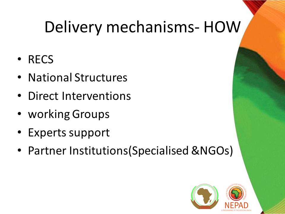 Delivery mechanisms- HOW RECS National Structures Direct Interventions working Groups Experts support Partner Institutions(Specialised &NGOs)