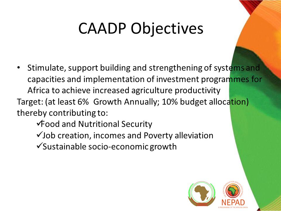 CAADP Objectives Stimulate, support building and strengthening of systems and capacities and implementation of investment programmes for Africa to achieve increased agriculture productivity Target: (at least 6% Growth Annually; 10% budget allocation) thereby contributing to: Food and Nutritional Security Job creation, incomes and Poverty alleviation Sustainable socio-economic growth