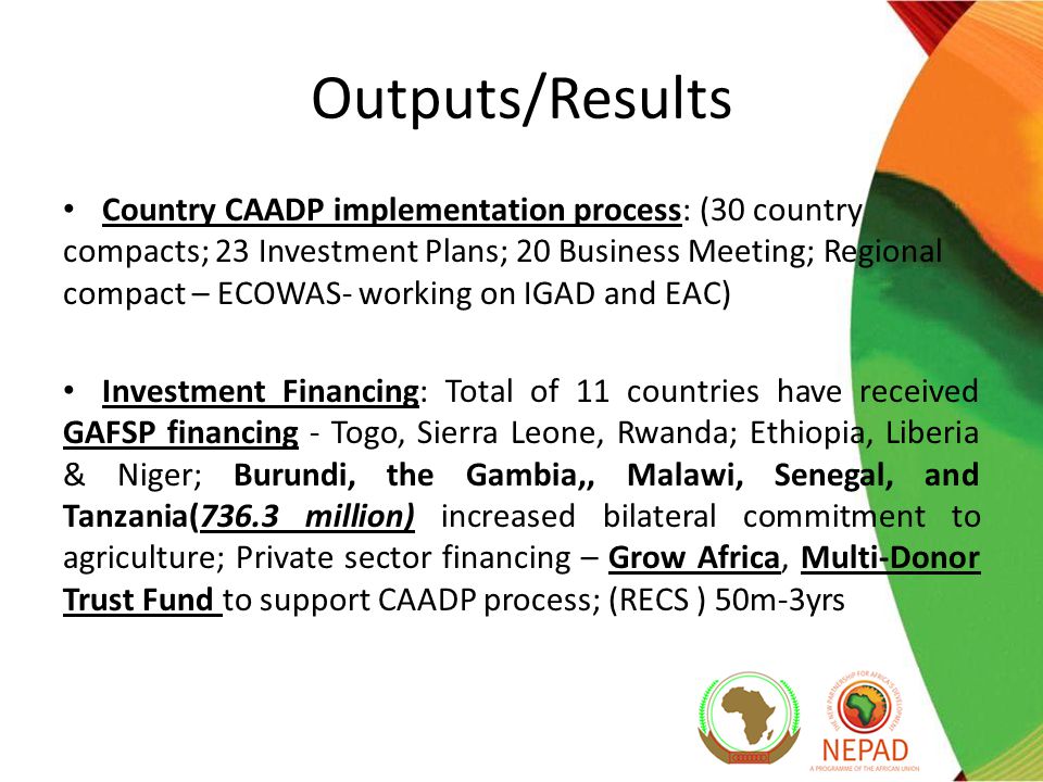 Outputs/Results Country CAADP implementation process: (30 country compacts; 23 Investment Plans; 20 Business Meeting; Regional compact – ECOWAS- working on IGAD and EAC) Investment Financing: Total of 11 countries have received GAFSP financing - Togo, Sierra Leone, Rwanda; Ethiopia, Liberia & Niger; Burundi, the Gambia,, Malawi, Senegal, and Tanzania(736.3 million) increased bilateral commitment to agriculture; Private sector financing – Grow Africa, Multi-Donor Trust Fund to support CAADP process; (RECS ) 50m-3yrs