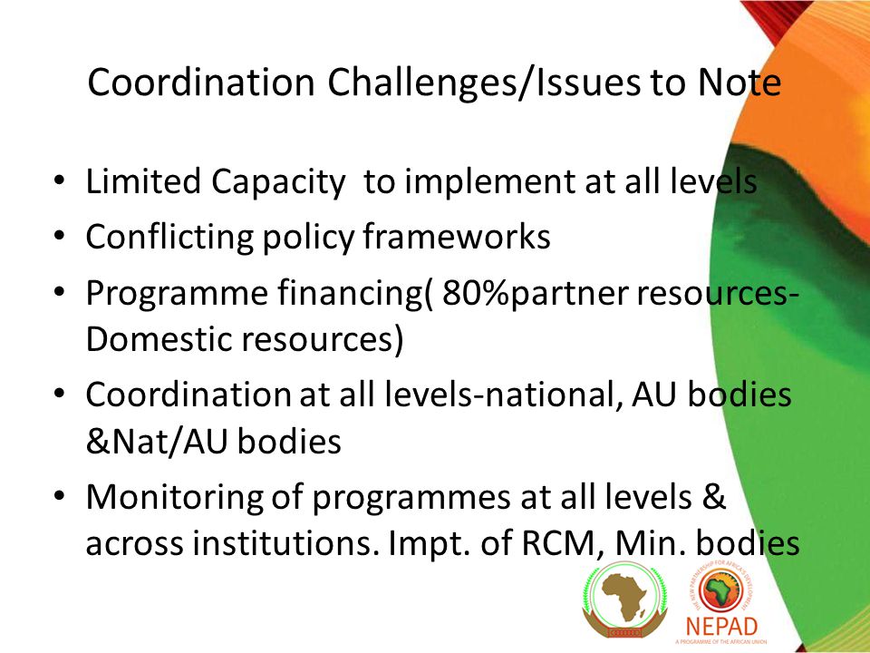 Coordination Challenges/Issues to Note Limited Capacity to implement at all levels Conflicting policy frameworks Programme financing( 80%partner resources- Domestic resources) Coordination at all levels-national, AU bodies &Nat/AU bodies Monitoring of programmes at all levels & across institutions.