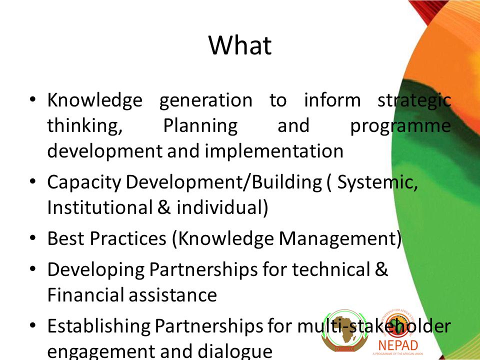 What Knowledge generation to inform strategic thinking, Planning and programme development and implementation Capacity Development/Building ( Systemic, Institutional & individual) Best Practices (Knowledge Management) Developing Partnerships for technical & Financial assistance Establishing Partnerships for multi-stakeholder engagement and dialogue