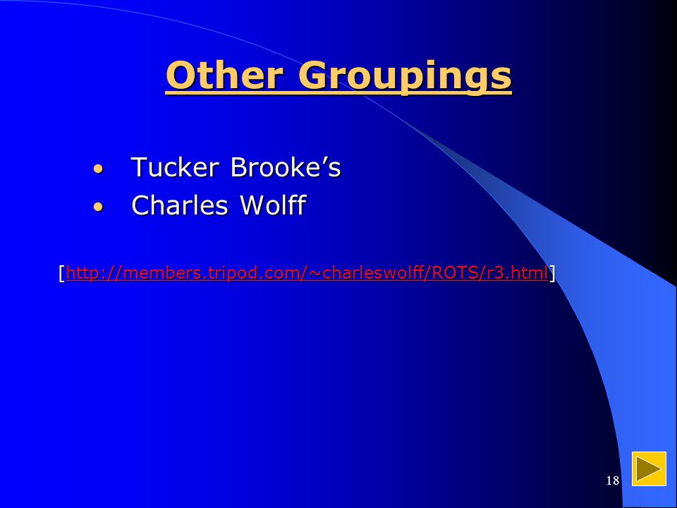 18 Other Groupings Tucker Brooke’s Tucker Brooke’s Charles Wolff Charles Wolff [