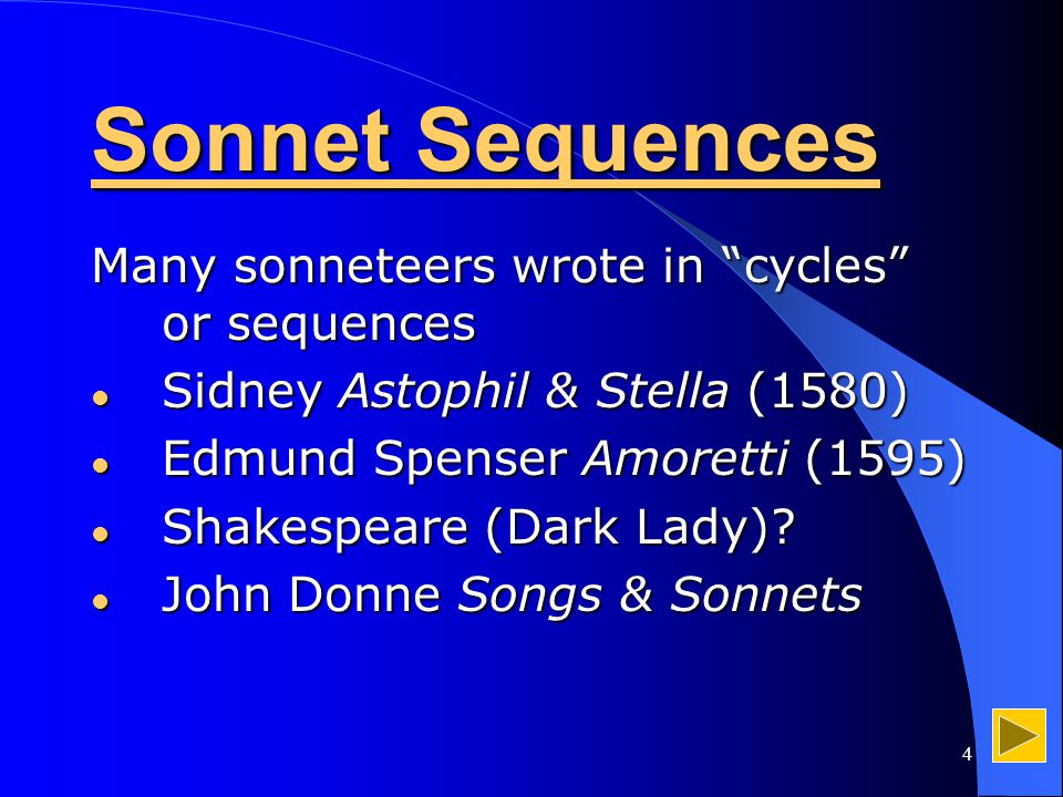 4 Sonnet Sequences Many sonneteers wrote in cycles or sequences Sidney Astophil & Stella (1580) Sidney Astophil & Stella (1580) Edmund Spenser Amoretti (1595) Edmund Spenser Amoretti (1595) Shakespeare (Dark Lady).