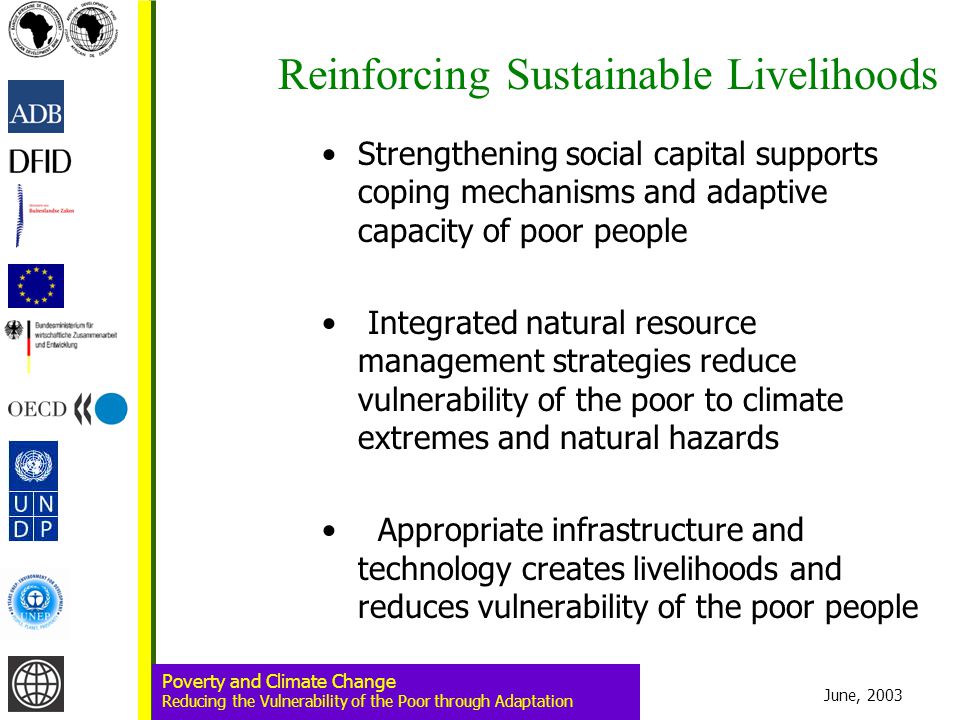 June, 2003 Poverty and Climate Change Reducing the Vulnerability of the Poor through Adaptation Reinforcing Sustainable Livelihoods Strengthening social capital supports coping mechanisms and adaptive capacity of poor people Integrated natural resource management strategies reduce vulnerability of the poor to climate extremes and natural hazards Appropriate infrastructure and technology creates livelihoods and reduces vulnerability of the poor people