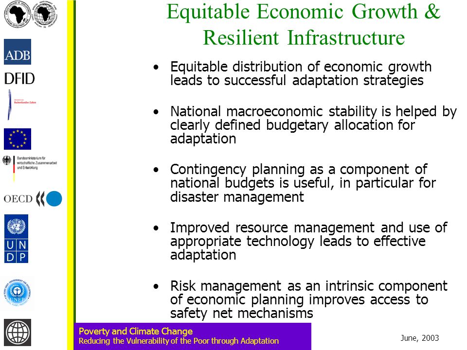 June, 2003 Poverty and Climate Change Reducing the Vulnerability of the Poor through Adaptation Equitable Economic Growth & Resilient Infrastructure Equitable distribution of economic growth leads to successful adaptation strategies National macroeconomic stability is helped by clearly defined budgetary allocation for adaptation Contingency planning as a component of national budgets is useful, in particular for disaster management Improved resource management and use of appropriate technology leads to effective adaptation Risk management as an intrinsic component of economic planning improves access to safety net mechanisms