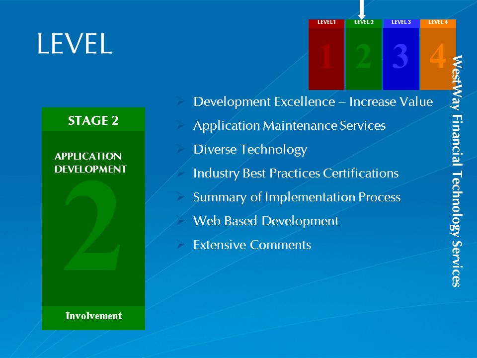 LEVEL  Development Excellence – Increase Value  Application Maintenance Services  Diverse Technology  Industry Best Practices Certifications  Summary of Implementation Process  Web Based Development  Extensive Comments 1 LEVEL1 2 LEVEL 2 3 LEVEL 3 4 LEVEL 4 2 STAGE 2 Involvement APPLICATION DEVELOPMENT WestWay Financial Technology Services