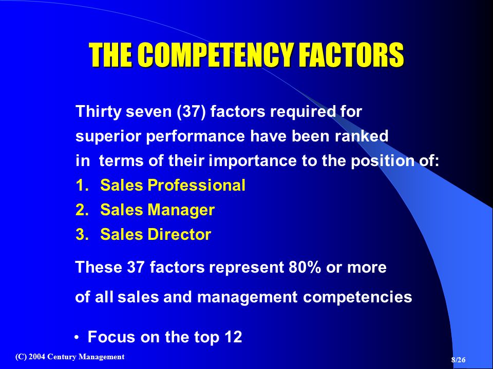 8/26 (C) 2004 Century Management THE COMPETENCY FACTORS Thirty seven (37) factors required for superior performance have been ranked in terms of their importance to the position of: 1.Sales Professional 2.Sales Manager 3.Sales Director These 37 factors represent 80% or more of all sales and management competencies Focus on the top 12