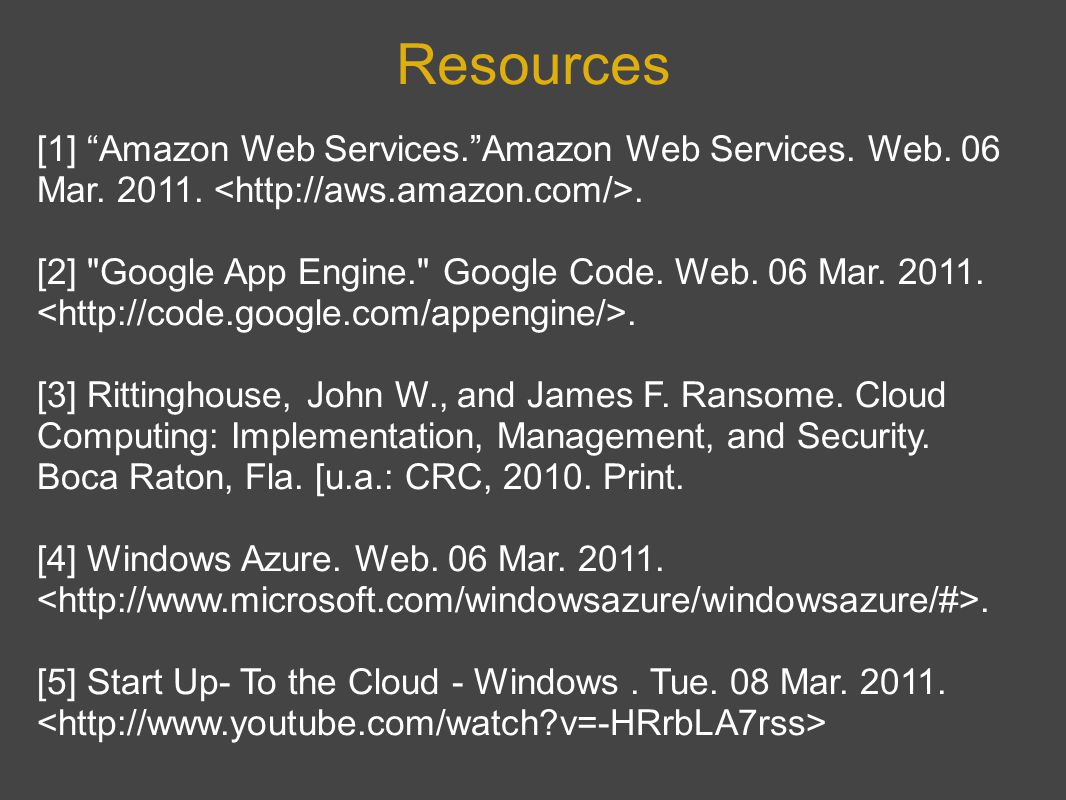Resources [1] Amazon Web Services. Amazon Web Services.