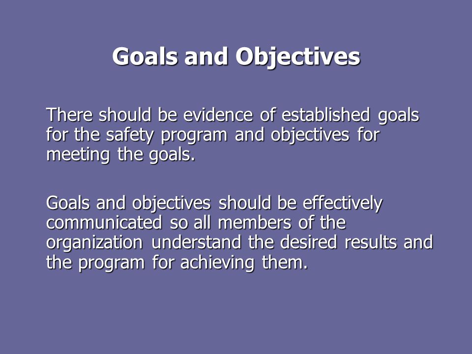 Goals and Objectives There should be evidence of established goals for the safety program and objectives for meeting the goals.