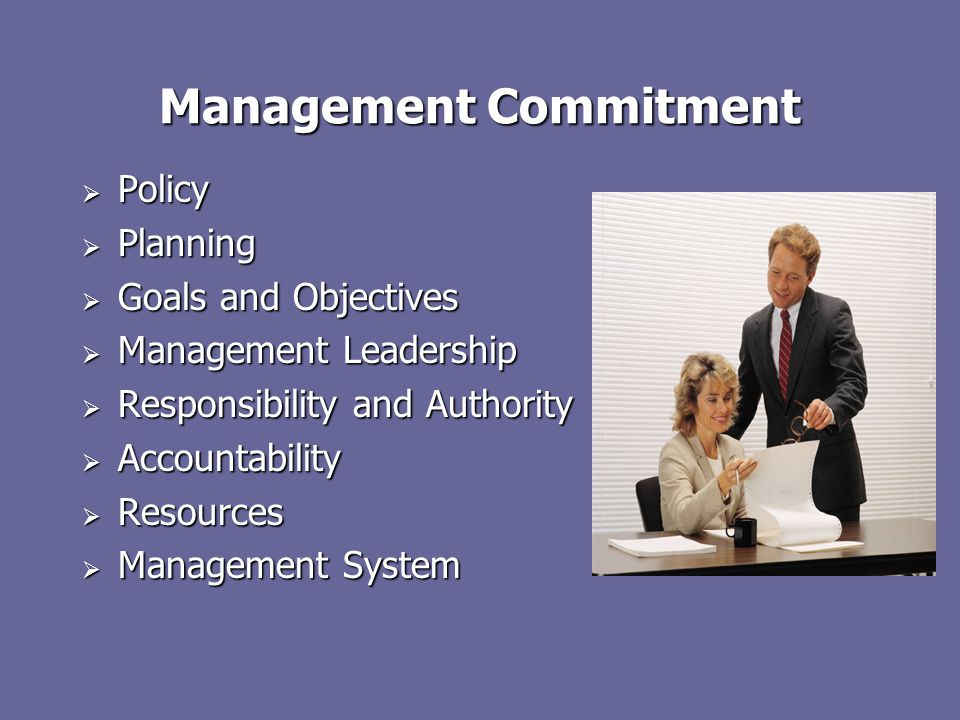 Management Commitment  Policy  Planning  Goals and Objectives  Management Leadership  Responsibility and Authority  Accountability  Resources  Management System