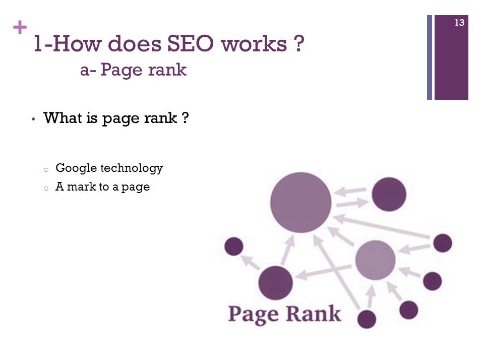 + 1-How does SEO works a- Page rank What is page rank o Google technology o A mark to a page 13