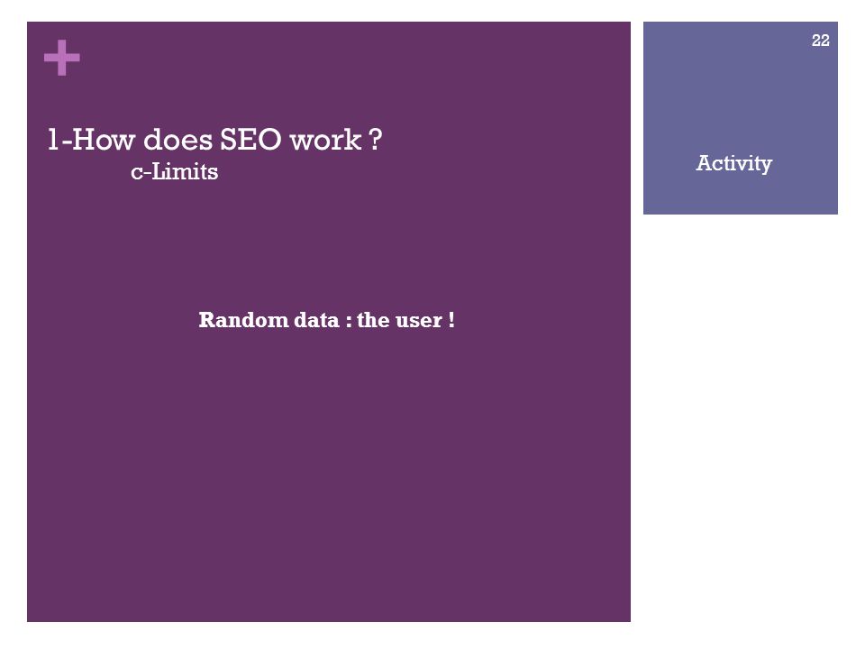 + 1-How does SEO work c-Limits Random data : the user ! 22 Activity