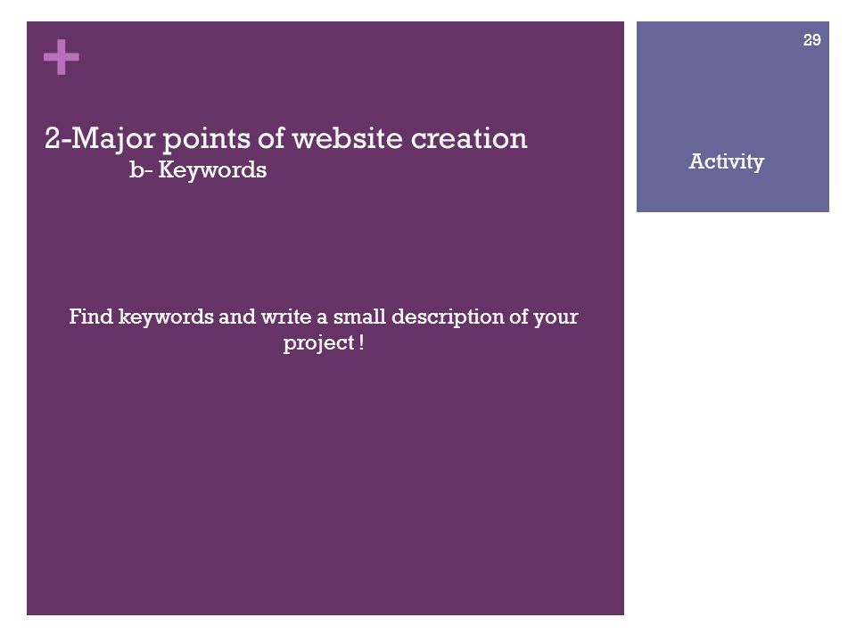 + 2-Major points of website creation b- Keywords Find keywords and write a small description of your project .