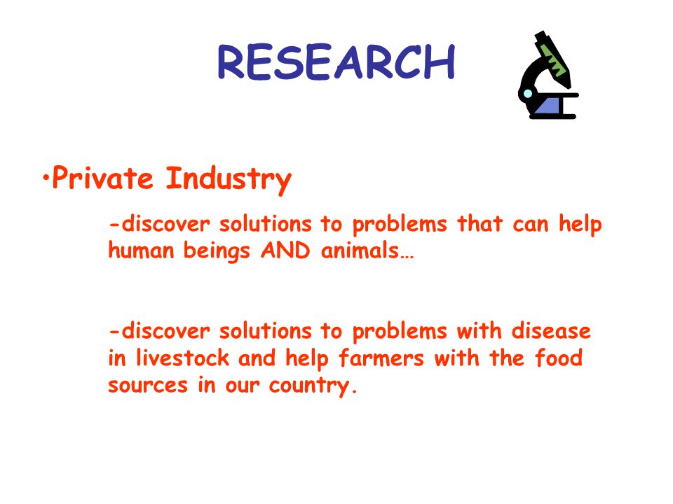 RESEARCH Private Industry -discover solutions to problems that can help human beings AND animals… -discover solutions to problems with disease in livestock and help farmers with the food sources in our country.
