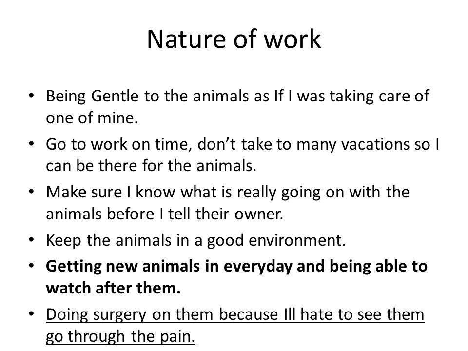 Nature of work Being Gentle to the animals as If I was taking care of one of mine.