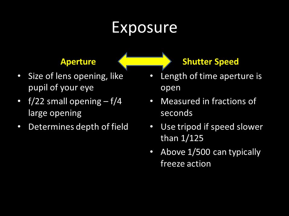 Exposure Aperture Size of lens opening, like pupil of your eye f/22 small opening – f/4 large opening Determines depth of field Shutter Speed Length of time aperture is open Measured in fractions of seconds Use tripod if speed slower than 1/125 Above 1/500 can typically freeze action