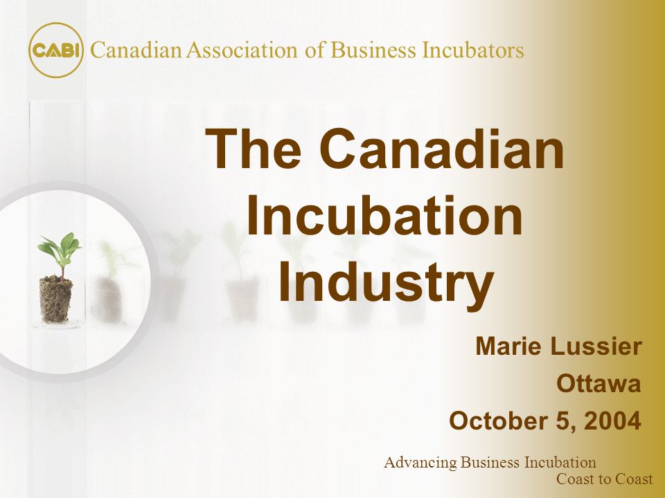 Coast to Coast Canadian Association of Business Incubators Advancing Business Incubation The Canadian Incubation Industry Marie Lussier Ottawa October 5, 2004