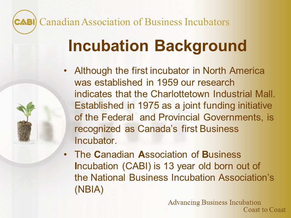 Coast to Coast Canadian Association of Business Incubators Advancing Business Incubation Incubation Background Although the first incubator in North America was established in 1959 our research indicates that the Charlottetown Industrial Mall.