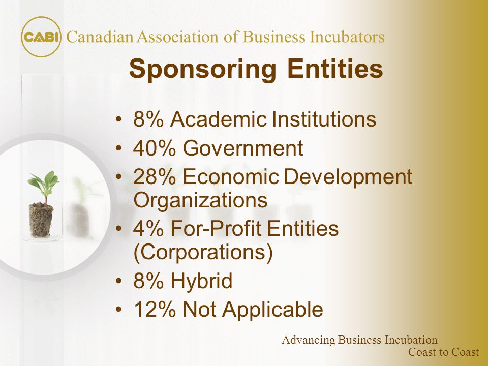 Coast to Coast Canadian Association of Business Incubators Advancing Business Incubation Sponsoring Entities 8% Academic Institutions 40% Government 28% Economic Development Organizations 4% For-Profit Entities (Corporations) 8% Hybrid 12% Not Applicable