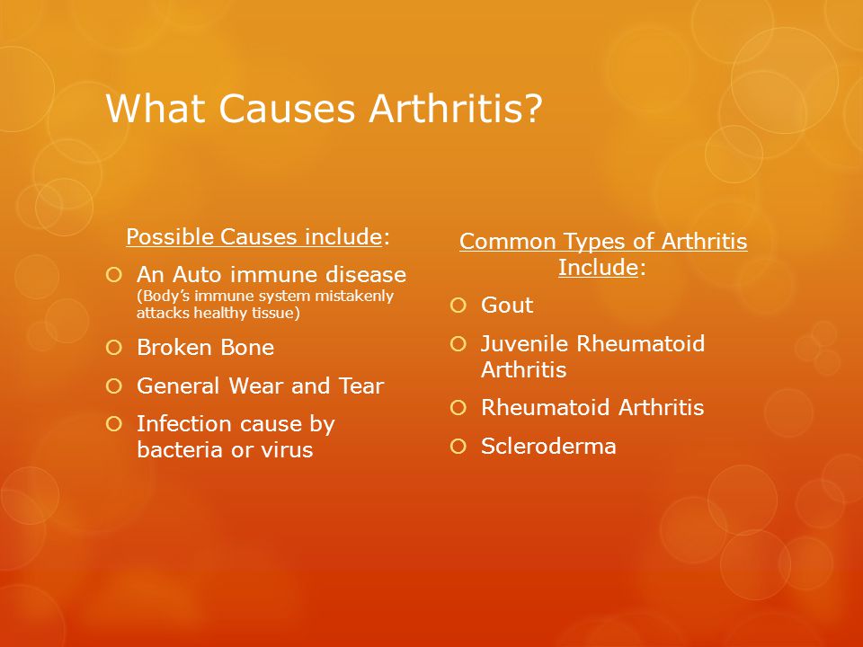 The Nature of Arthritis  Occurs within the joint (area where two bones meet)  Inflammation of one or more joints  Over 100 different types  Protects the joint  Allows it to move smoothly  Absorbs shock  *Arthritis=Breakdown of Cartilage  Without it, bones rub together  Causes pain, swelling (inflammation), and stiffness   Cartilage
